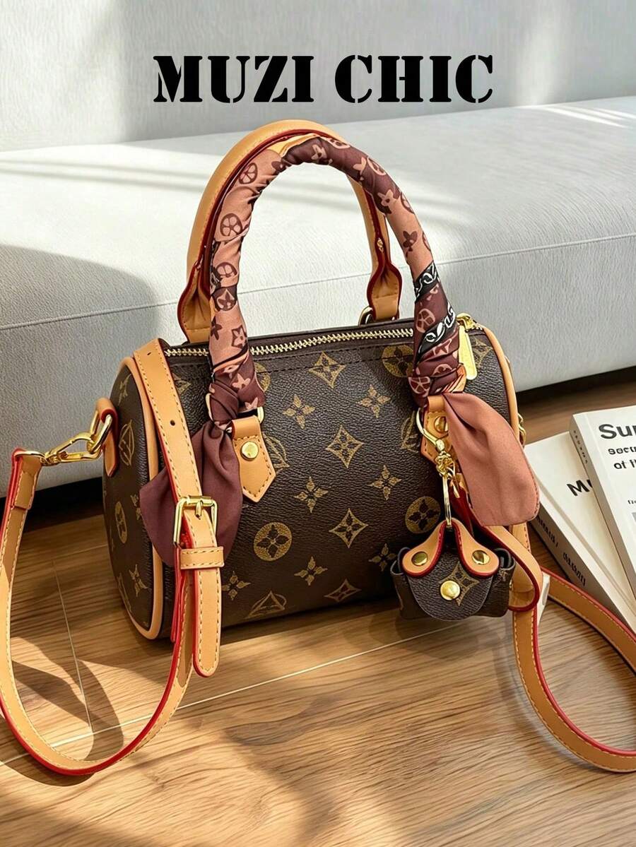 Solid Color Printed PU Leather Handbag With Detachable Crossbody Strap Women's Brown Structured Tote Bag Lightweight Versatile For Daily Use - Multicolor - View 1