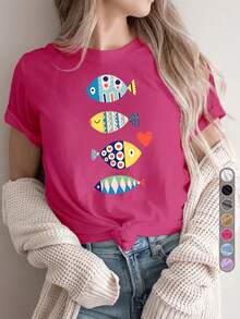 Camiseta deportiva casual vintage para mujer, camiseta de cuello redondo, estampado de peces coloridos, juvenil y a la moda, ropa de vacaciones, temática de verano, diseño de peces en forma de corazón, peces, colorida, cómoda para todas las estaciones. - Blanco - Ver 11