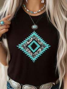 Camiseta de mujer con estampado de diamantes estilo sureño en color turquesa, y top de manga corta de corte holgado inspirado en el color turquesa, camiseta casual de cuello redondo suave con silueta en forma de H, lavable a máquina, ideal para festivales y uso diario en el verano. - Negro - Ver 1