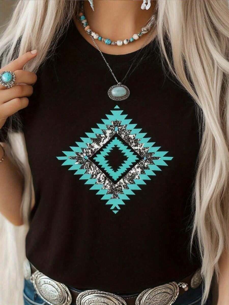 Camiseta de mujer con estampado de diamantes estilo sureño en color turquesa, y top de manga corta de corte holgado inspirado en el color turquesa, camiseta casual de cuello redondo suave con silueta en forma de H, lavable a máquina, ideal para festivales y uso diario en el verano. - Negro - Ver 1