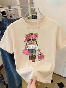 Camiseta Casual de Manga Corta para Mujer, Color Negro, con Cuello Redondo y Estampado Gráfico de Osos y Perros, Corte Regular, Top de Poliéster para Moda de Otoño AKXX - Albaricoque - Ver 2