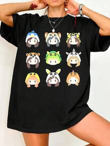 Twic.e Cartoon T-Shirts für Männer und Frauen, lustiges T-Shirt mit Rundhalsausschnitt, koreanische Superstar-T-Shirts, kurzärmelige Oberteile mit Grafikdruck, für alle Jahreszeiten, lässig, Rundhalsausschnitt. Vintage-Grafikdruck, lässiges schwarzes Baumwoll-T-Shirt mit kurzen Ärmeln. - Schwarz - Übersicht 1