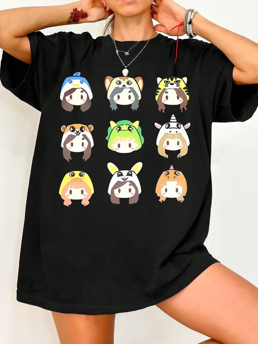 Twic.e Cartoon T-Shirts für Männer und Frauen, lustiges T-Shirt mit Rundhalsausschnitt, koreanische Superstar-T-Shirts, kurzärmelige Oberteile mit Grafikdruck, für alle Jahreszeiten, lässig, Rundhalsausschnitt. Vintage-Grafikdruck, lässiges schwarzes Baumwoll-T-Shirt mit kurzen Ärmeln. - Schwarz - Übersicht 1