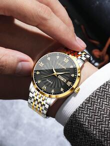 1pc Men's Quartz Wrist Watch, Gold-Tone Alloy Band, Calendar, Diamond-Encrusted Roman Numeral Dial, Business & Casual Style, Gift For Boyfriend (1pc/Set, Watch Box Not Included) - Black - View 2