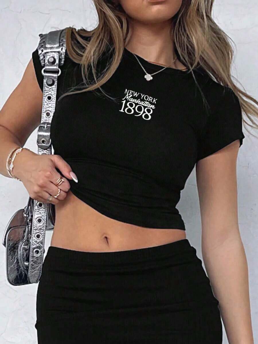 Playera de mujer 100% algodón manga corta diseño texto retro ajustada transpirable para verano - Negro - Ver 1