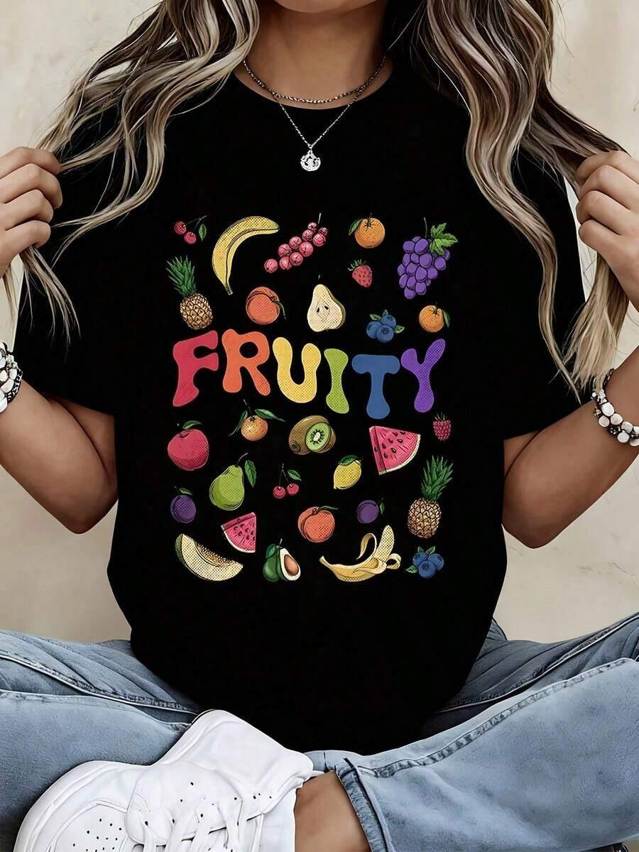 Women's Summer T-Shirt, Vintage Style With Fruit Print, Casual Summer Graphic T-Shirt For Women, Colorful Fruit Design, Loose Fit, White T-Shirt, Modern, Cool And Comfortable - 黑色 - 查看 1