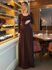 New Autumn Winter Collection Solid Color Dress French Style U-Neck Long Sleeve Dress With Ties Fitted Waist Elegant Sophisticated European Fashion For Women - 咖啡 - 查看 4