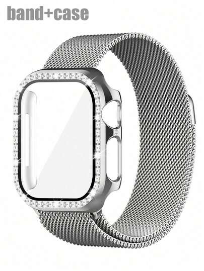 Compatible With Apple Watch Band And Watch Case. Stylish And Casual, Perfect For Both Men And Women. Featuring A Soft, Breathable, Adjustable, Stainless Steel, Braided Loop With A Magnetic Clasp, Paired With A Drop-Resistant, Scratch-Resistant, Hard Pc Case With Rows Of Sparkling Diamonds. Compatible With Apple Watch Series Ultra, 11/10/9/8/7/6/5/4/3/Se, And Compatible With 38/40/41/42/44/45/46/49mm Bands And Cases.
