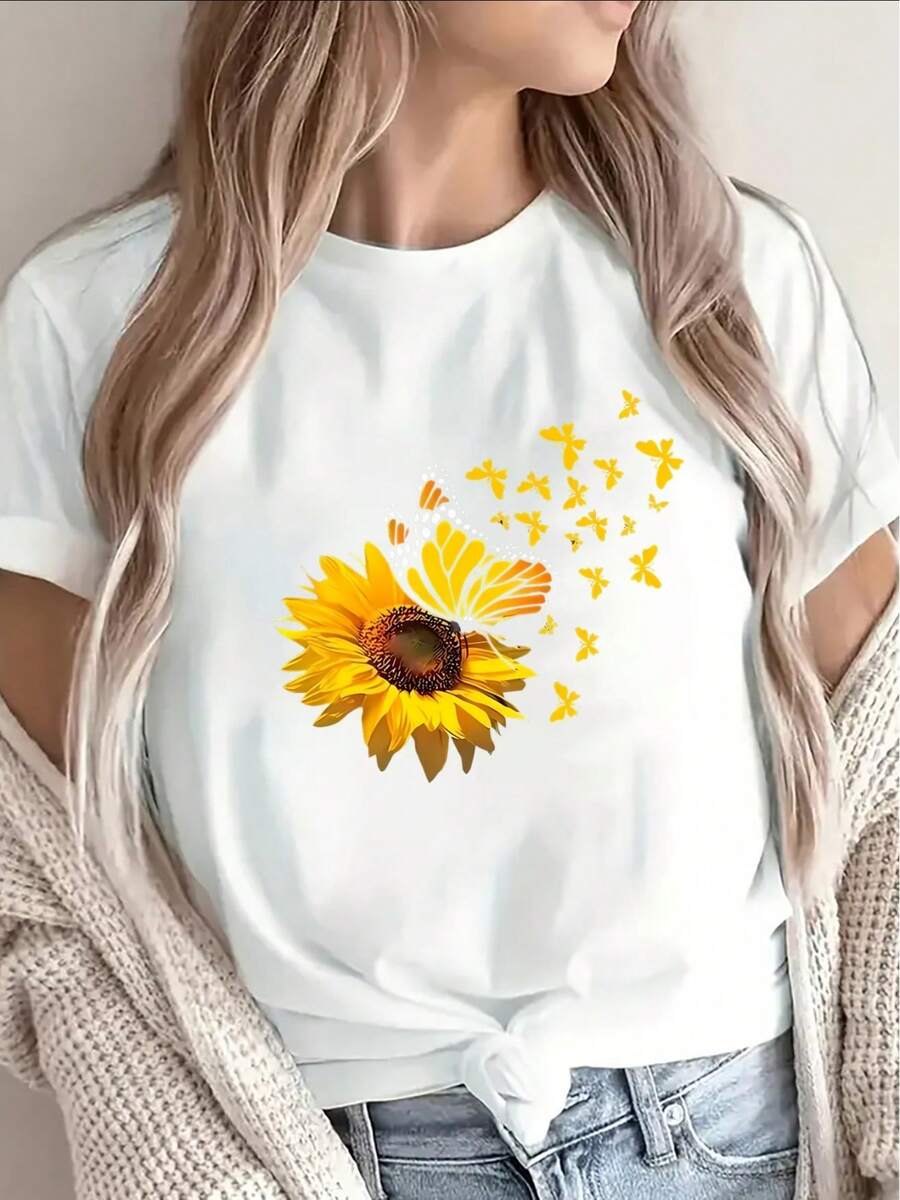 Soft 100% Cotton T-Shirt. This Lightweight And Durable Short-Sleeved T-Shirt Features A Sunflower And Butterfly Design, Perfect For Casual Outings At Home, Cafes, Or Outdoor Events. It Offers A Comfortable Fit For Everyday Wear. The Breathable Cotton Fabric Goes With Everything. - 白色 - 查看 1