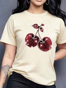 Solt 1pscPlayera básica mujer dama cuello redondo manga corta estampado GRAFICO DE FRUTAS CEREZA CEREZAS CHERRY CHERRIES BRILLANTE GRAPHIC Textura Suave Fortiz100%cotton graphic - Albaricoque - Ver 8