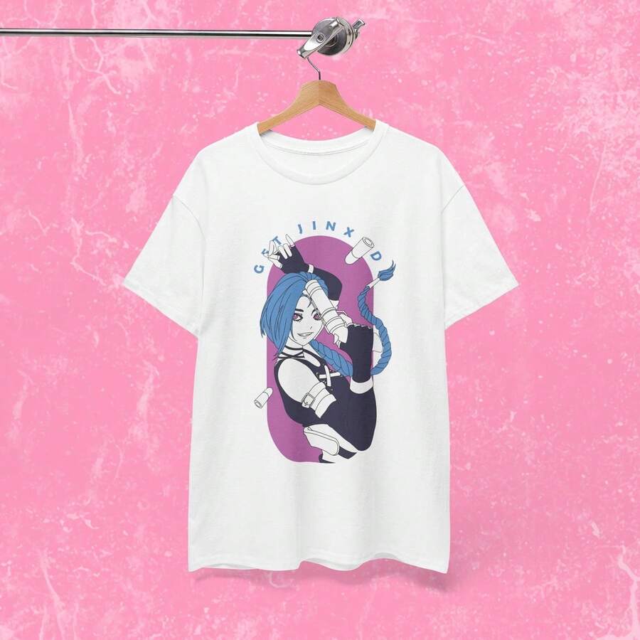 Camiseta Jinx Arcane LOL Cute T Shirts Gaming Streetwear Graphic TShirt Regalos para chicas gamers Camiseta elegante j1panese 220G de algodón puro de manga corta para hombres y mujeres, tejido grueso, resistente a las arrugas y que no se deforma fácilmente. Estilo sencillo y versátil, ligero y transpirable, perfecto para ir al trabajo, viajar, acampar, ir de compras y el tiempo libre diario. - Blanco - Ver 1