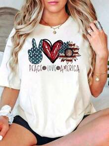 Camiseta de manga corta estilo casual para mujer, diseño patriótico de Paz, Amor y América, ropa de verano para amigos y familiares. - Blanco - Ver 6