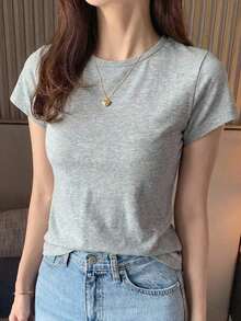 Camiseta básica de mujer de cuello redondo de unicolor de manga corta, blanca, para primavera/verano, de estilo casual de oficina - Gris Claro - Ver 5