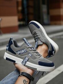 Sepatu Sneakers Kasual Low-Top Gaya Jalanan Pria dengan Motif Acak yang Dipersonalisasi, Sepatu Santai Luar Ruangan Retro Minimalis Patchwork untuk Remaja, Cocok untuk Semua Musim - abu-abu biru - View 8