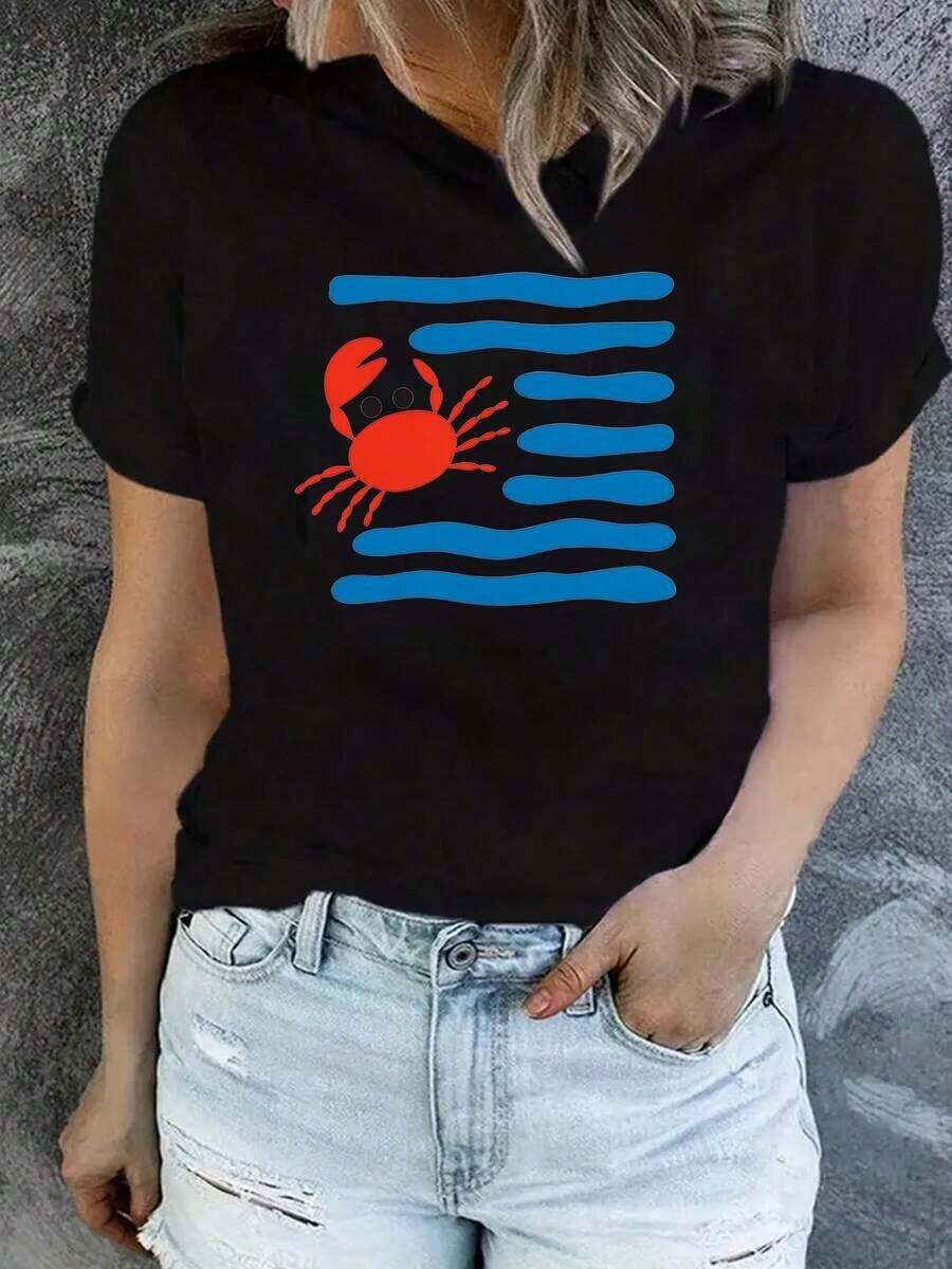 1 Piece Women's T-Shirt With Crab And Ocean Wave Print - Round Neck T-Shirt With Red Crab And Blue Wave Print, Casual Beach Vacation Top, Machine Washable, Regular Fit, Suitable For Daily Wear In Spring, Summer And Autumn, 180g 100% Cotton. - 黑色 - 查看 1