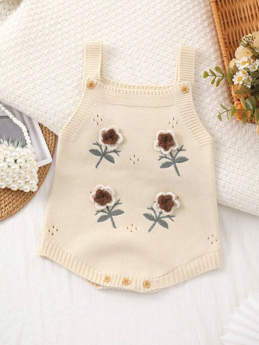 Baby Girls' Spring/Summer Korean Style 3D Floral Embroidery Design Knitted Strap Romper - Apricot - View 1