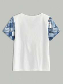 Camiseta Personalizada con Estampado Gráfico de Perro Estilo Patchwork Vintage, Top Minimalista de Manga Corta y Cuello Redondo para Mujer, Adecuada para Uso Diario - Camiseta de Algodón de Manga Corta y Cuello Redondo Estilo Vintage Urbano. - Blanco - Ver 2