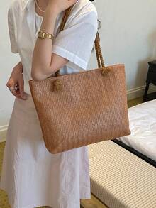 夏季海灘包，大容量編織草編女士手提包，裝飾向日葵與海星，適合海灘度假、購物與約會 - 棕色 - 查看 6