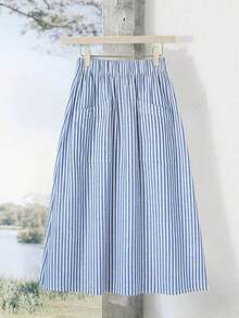 Minifalda casual y versátil a rayas para mujeres, ideal para citas y viajes - Azul y blanco - Ver 1