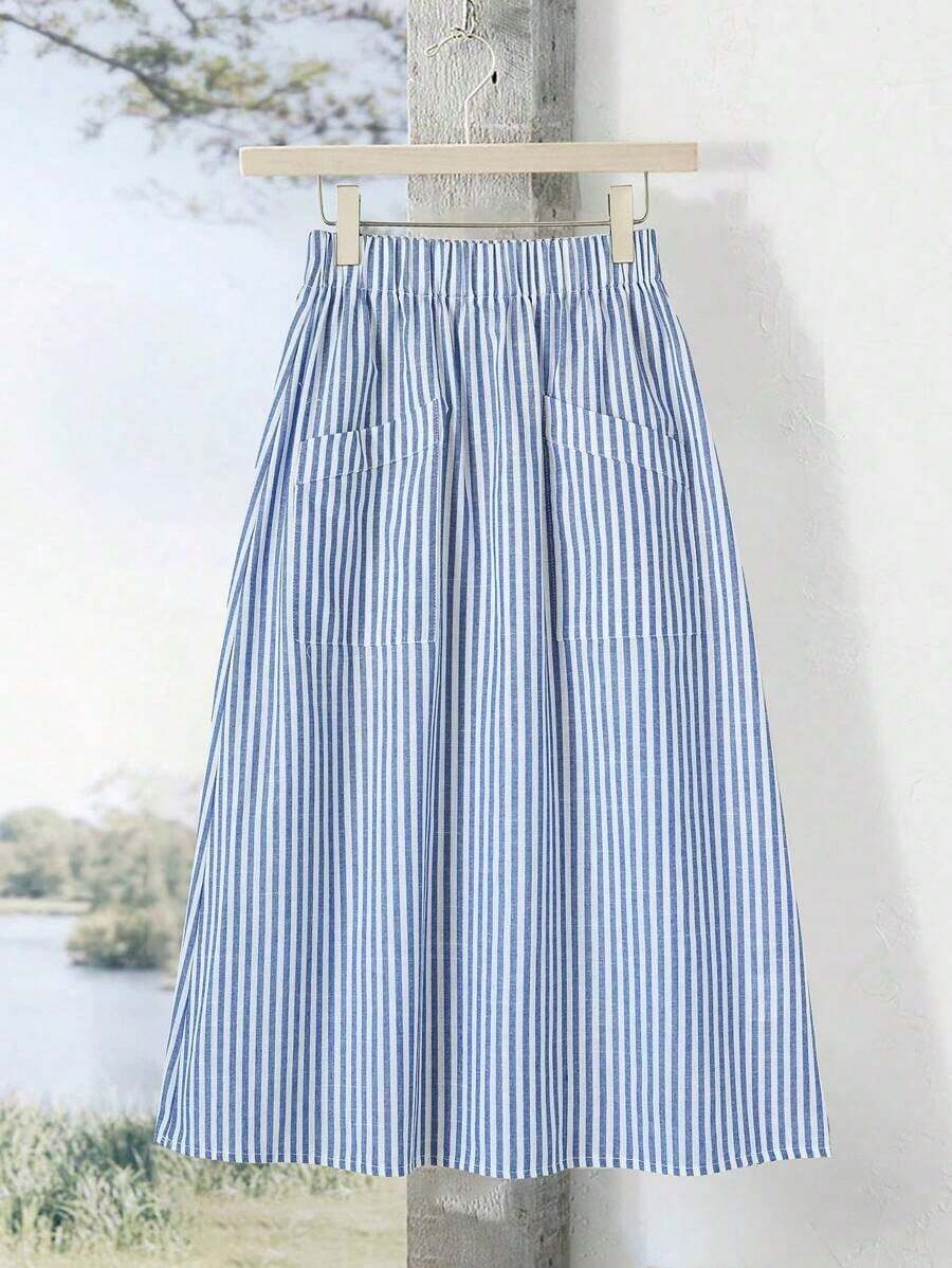 Minifalda casual y versátil a rayas para mujeres, ideal para citas y viajes - Azul y blanco - Ver 1