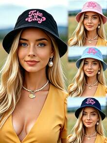 Women "Take It Easy" Letter Multi-Color Bucket Hat, Relaxed Vacation Style Hat,For Suburban Picnics/Grass Walks/Rural Light Trips/Weekend Unwinding/Commute Light Outfits - Take It Easy - View 1