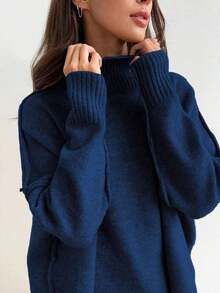 2 piezas Conjunto de suéter de manga larga de hombro caído con cuello alto sólido y pantalones anchos de punto para mujer, otoño/invierno - Azul marino - Ver 4