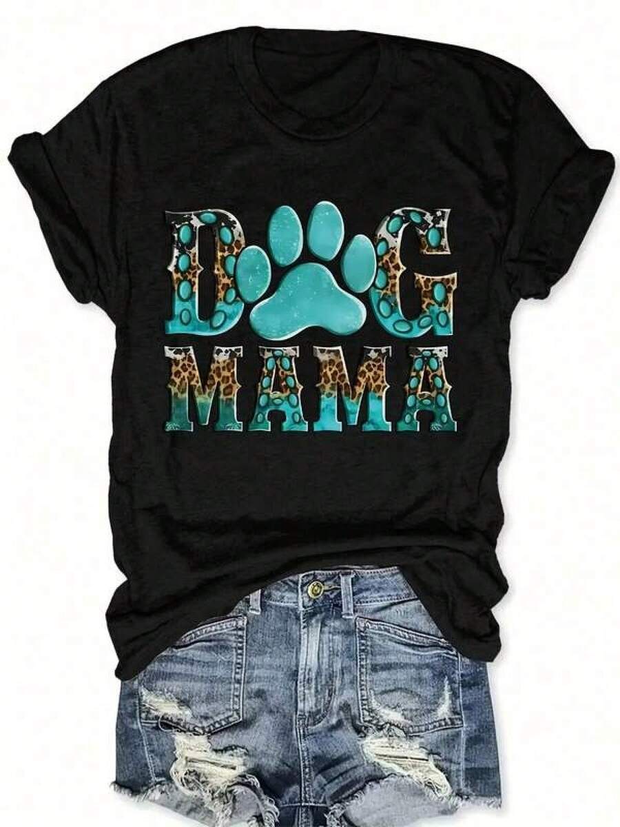 Camisetas estilo animeDogMama Pattern-Shirt - Women's Casual Round-Neck Short-Sleeve-Shirt, Breathable Polyester Fiber, Washable, Black With Blue Lettering And Paw Print Design,Camisetas con diseños gráficos para niños pequeños, Camisa de manga corta para hombre,aptas para el uso diario,Camisa de mujer,Camiseta de apoyo al Mundial,Camisetas con temática de primavera 2026 - Negro - Ver 1