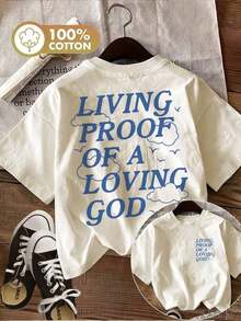 GiftTop casual de verano para mujer con estampado de doble cara que presenta un diseño minimalista de nubes y pájaros, LIVING PROOF OF A LOVING GOD, camiseta de manga corta pura con cuello redondo estampadoSoft - Albaricoque - Ver 1