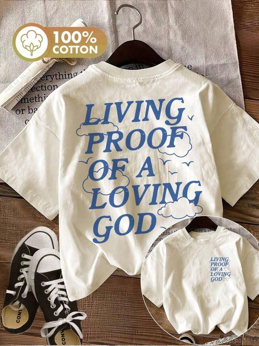 GiftTop casual de verano para mujer con estampado de doble cara que presenta un diseño minimalista de nubes y pájaros, LIVING PROOF OF A LOVING GOD, camiseta de manga corta pura con cuello redondo estampadoSoft - Albaricoque - Ver 1