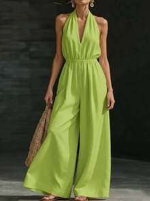 Mono nuevo de verano para mujer, de diseño, elegante, estilo francés, top halter de cuello V, perfecto para oficina, looks de día y ocasiones informales, favorecedor - verde fluorescente - Ver 7
