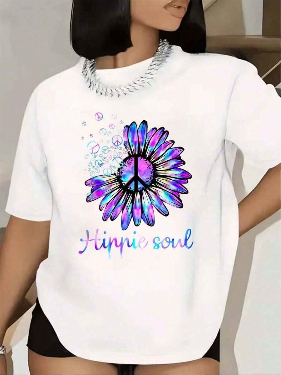 Women's T-Shirt With Colorful Daisy Print, Symbol Of Peace And Hippie Style, Short Sleeve, Round Neck, Casual, For Summer, 220g - 白色 - 查看 1