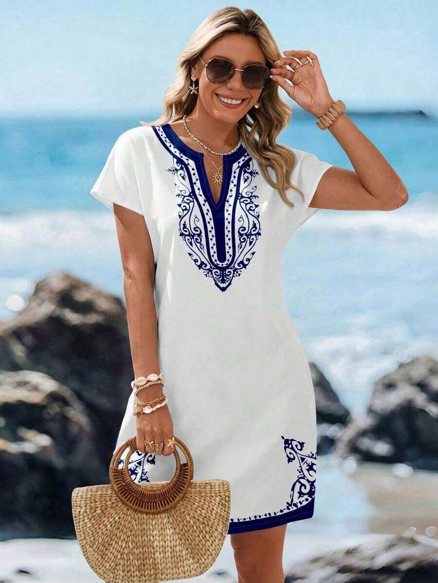 Vestido corto minimalista casual con cuello en V, adecuado para primavera y verano, ropa de verano para mujer, a rayas de colores, ropa de resort para mujer - Azul y blanco - Ver 1