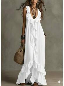 Vestido nuevo para mujer, estilo boho urbano, mangas cortas, cuello V, detalles de volantes, aire retro, cómodo y favorecedor, perfecto para paseos, citas y looks de día - Blanco - Ver 4