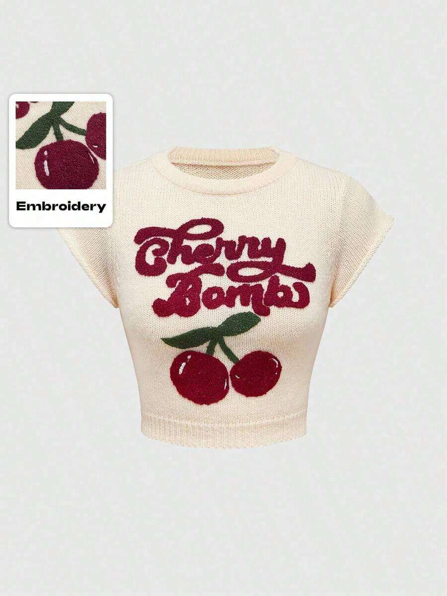 Chaleco de punto para mujer, estilo universitario, lindo e inocente, con bordado de cerezas, cuello redondo y mangas de murciélago. - Albaricoque - Ver 1