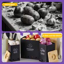 3 PiecesBlack Metal Vegetable Storage Set With Bamboo Lids - Stackable Potato, Onion & Garlic Containers For Kitchen Organization - Black - View 9