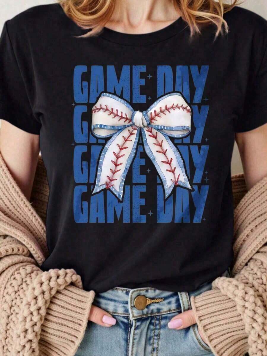Premium Unisex Casual T-Shirts - Women's 'Baseball Mom' Print T-Shirt - Casual Short Sleeve Crew Neck Blouse, Machine Washable Baseball Dad Clothes, Ideal For Events And Casual Wear - New 2026 Collection - 100% Breathable Cotton - 黑色 - 查看 1