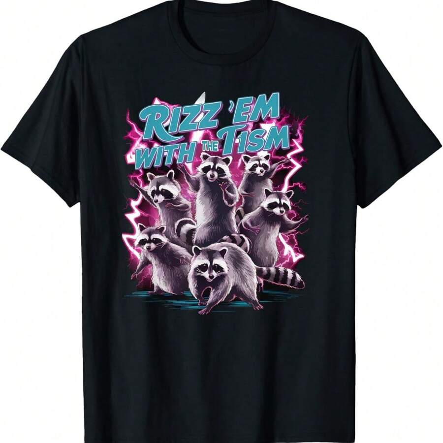 Rizzem With The Tism Funny Raccoon Trending Meme T-Shirt - Black - View 1