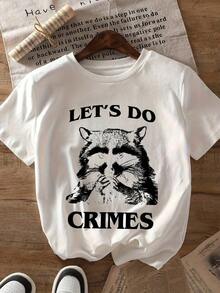 Women's Raccoon Graphic T-Shirt - Black And White Animal Print, Short Sleeve Crew Neck, Medium, Casual Stretch Tee For Spring And Summer, Raccoon Shirt, Summer Clothes, Non-See-Through Fabric, Machine Washable - Putih - View 1