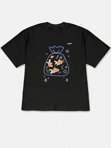 1 pieza Camiseta de manga corta de cuello redondo holgada unisex de 180g, 100% algodón puro transpirable y suave, estilo Y2K Bababask con estampado gráfico moderno, ideal para mujer y hombre, perfecta para uso diario, festivales, conciertos y todas las estaciones - Negro - Ver 6