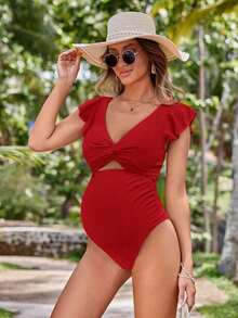 Swim Vcay Traje de baño de una pieza sencillo y elegante sin mangas de unicolor, ropa de playa para mujeres embarazadas - Rojo - Ver 5