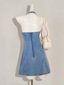 Women's Casual Halter Denim Mini Bodycon Dress, Blue,Summer Outfits For Women,Rave Outfit,Open Back Dress,Gyaru Outfits,Tie Front Dresses,Outfits,Y2k Clothes Women,Country Concert Outfit,Cruise Attire Women,Festival Outfits For Women,Concert Outfit Women,Rave Outfits Festival,Cowgirl Outfits For Women - Lavado ligero 2 - Ver 2