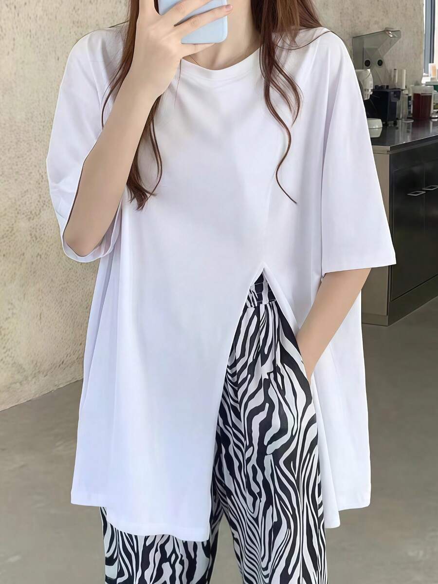Áo thun nữ dáng rộng xẻ tà, kiểu dáng thường ngày, màu trắng, tay ngắn, màu sắc tươi tắn, đa năng, thích hợp mặc mùa hè. - trắng - Xem 1