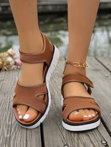 Fairy Style Summer New Casual Versatile Fashion Platform Waterproof Thick Bottom Slippers, Large Size Women's Shoes Wholesale, Open Toe Minimalist Holiday Beach Slides, Fabric Hook And Loop Design - Brown - View 7