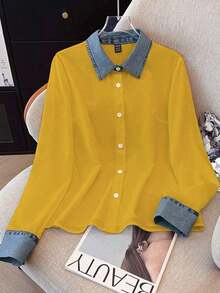Camisa de efecto de mezclilla de parchwork casual para mujer, otoño/invierno - Naranja 2 - Ver 3