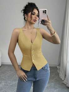 Camiseta sin mangas de un solo pecho de unicolor casual para mujer - amarillo ganso - Ver 8