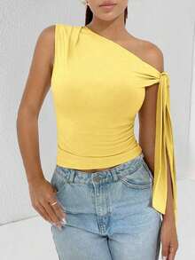 Camiseta de tirantes de unicolor informal con cuello de halter y lazada para el verano - Mostaza Amarilla - Ver 7