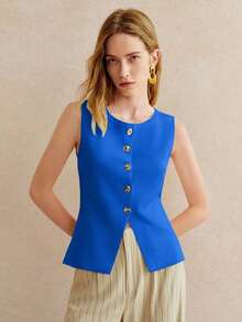 Blusa de punto sin mangas con botones delanteros de unicolor para uso casual y de oficina para mujeres - azul real - Ver 5