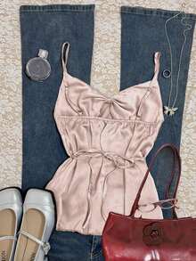 Camiseta sin tirantes minimalista con nudo delantero para mujer, ideal para el verano - Rosa - Ver 2
