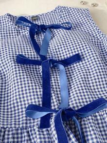 Camisa sin mangas a cuadros rojos y blancos tejida con nudo delantero para mujer - azul real - Ver 4
