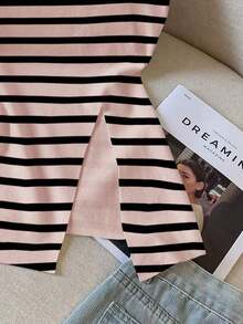 Blusa de moda sin mangas con abertura lateral de unicolor para mujer - Rosa 2 - Ver 4